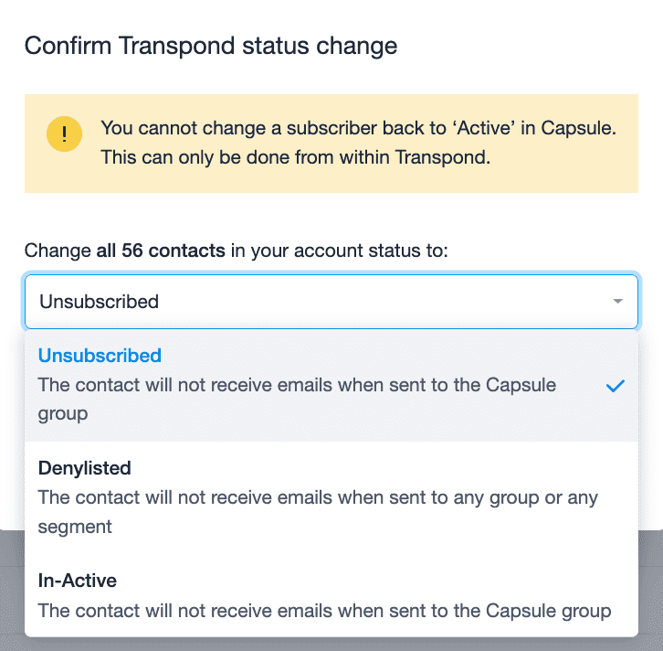 Options développées du menu déroulant pour la modification en masse du statut Transpond