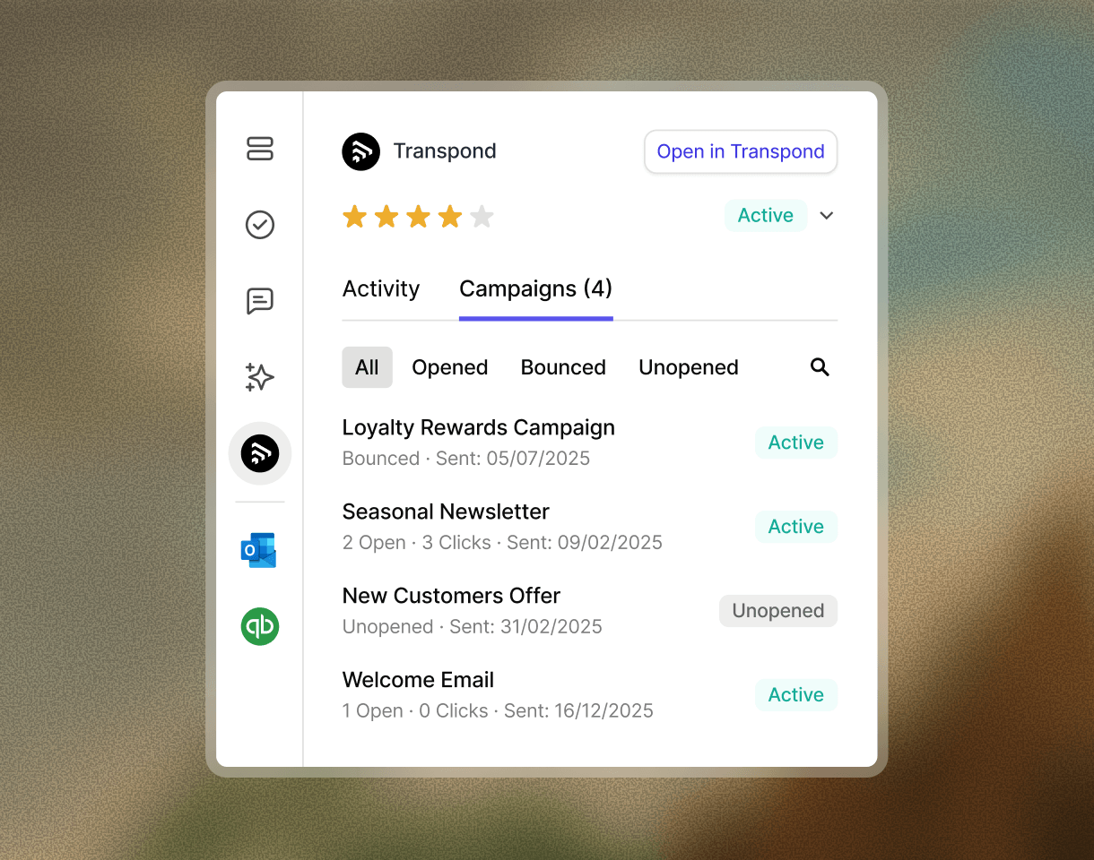 Transpond integrates with Capsule CRM to share campaign engagement and subscriptions inside your contact records