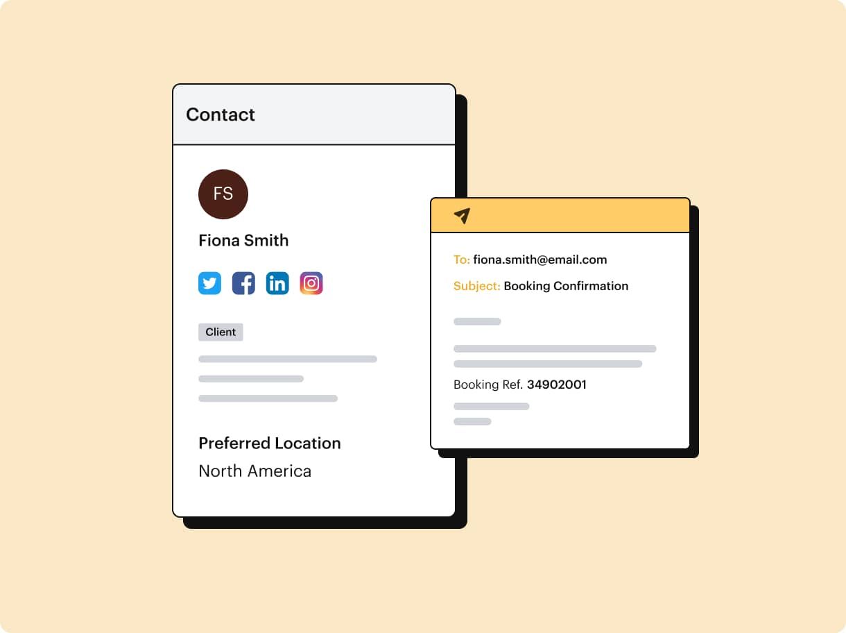 Illustration of a contact in Capsule and email correspondence about a booking
