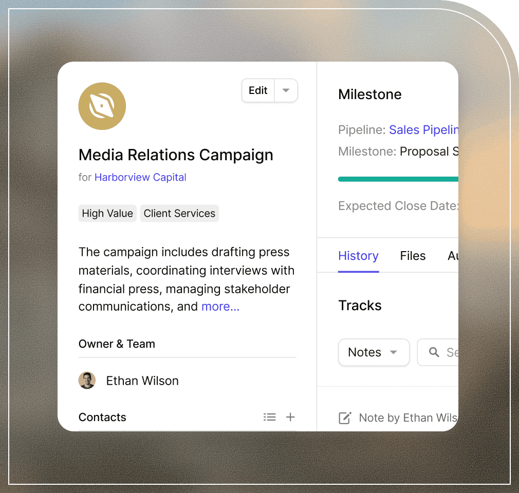 Capture d'écran d'un travail de consultance géré à l'aide de la fonction Projets de Capsule CRM