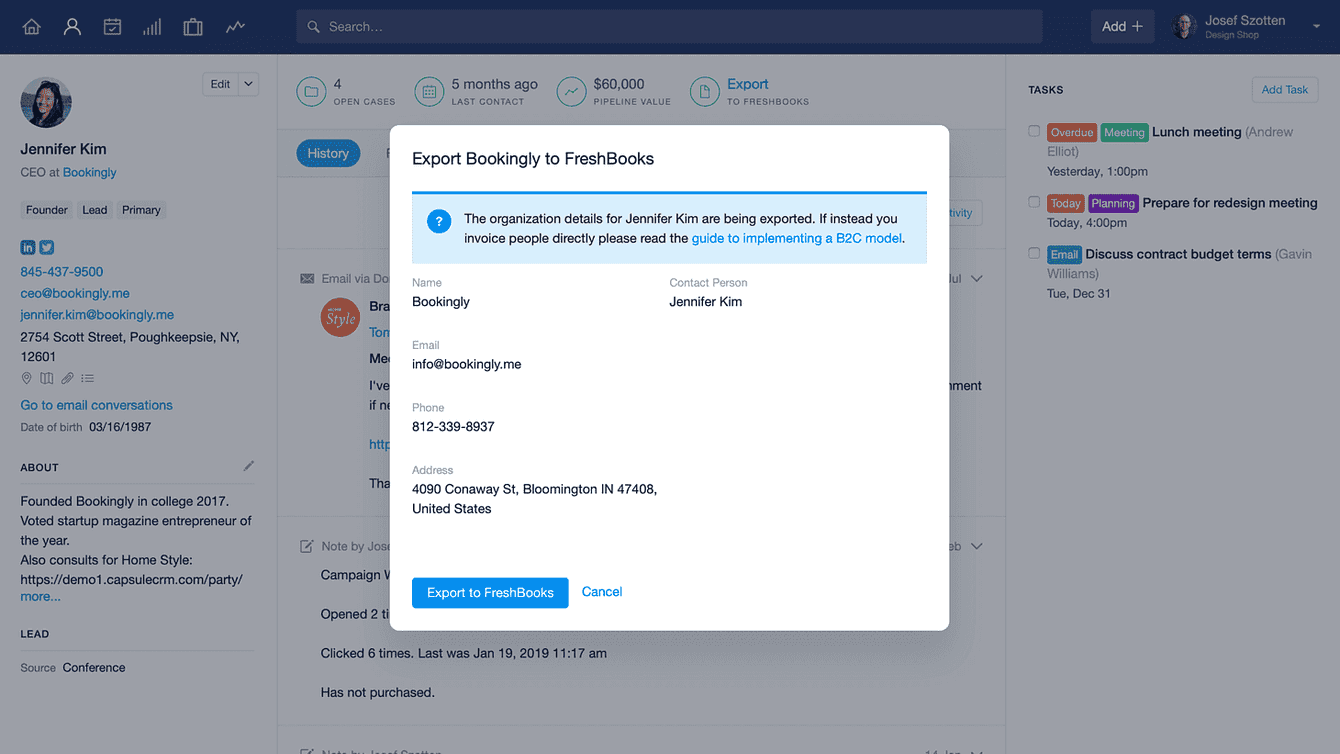 The Capsule FreshBooks integration confirming export of a contact to
FreshBooks