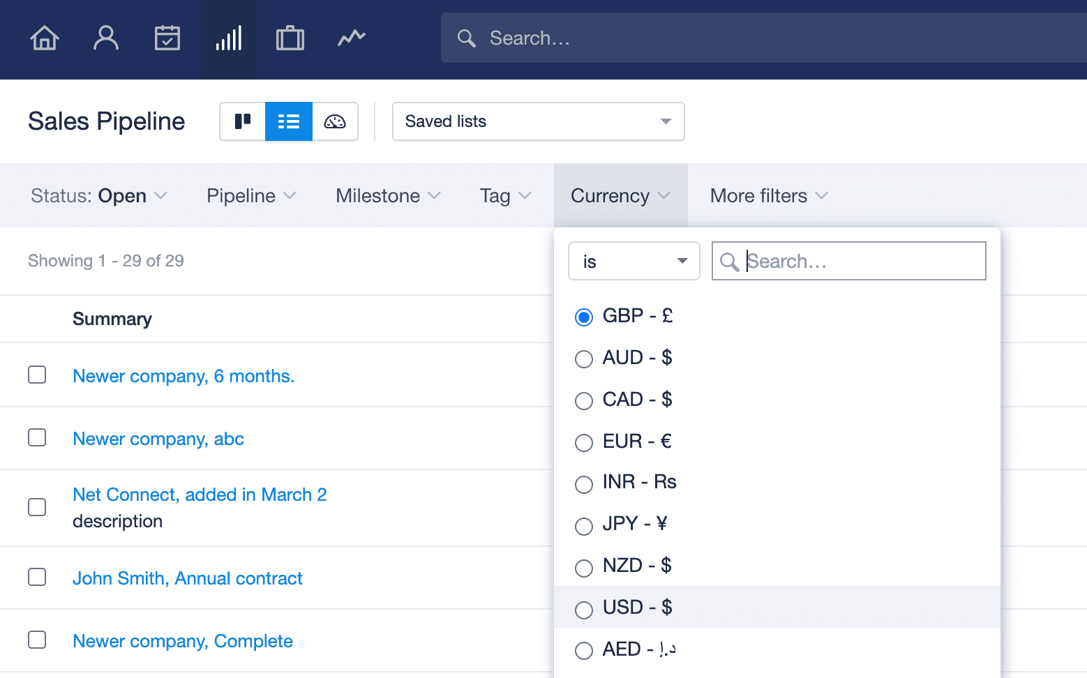 filtre pour différentes devises, par exemple USD