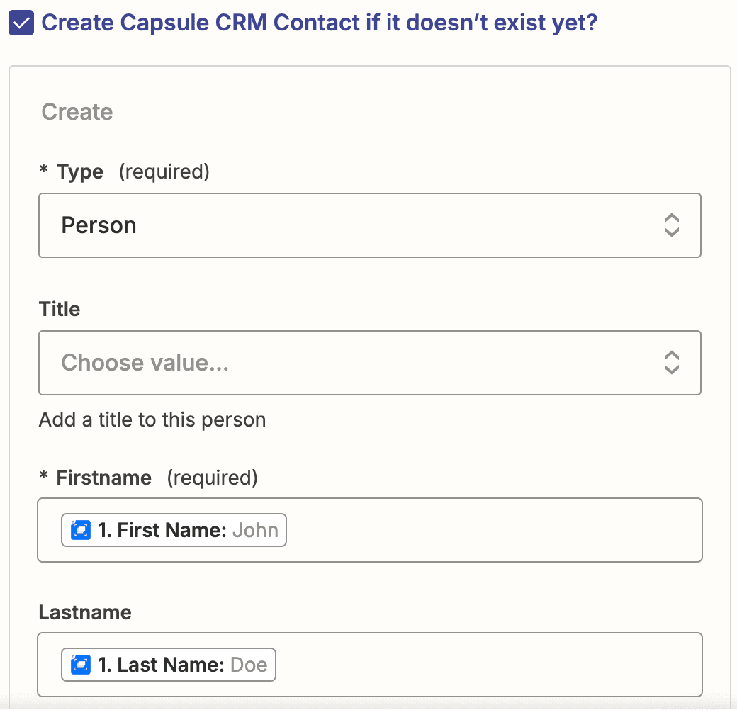 montrer la configuration du zap de création de contact, en particulier le prénom et le nom de famille