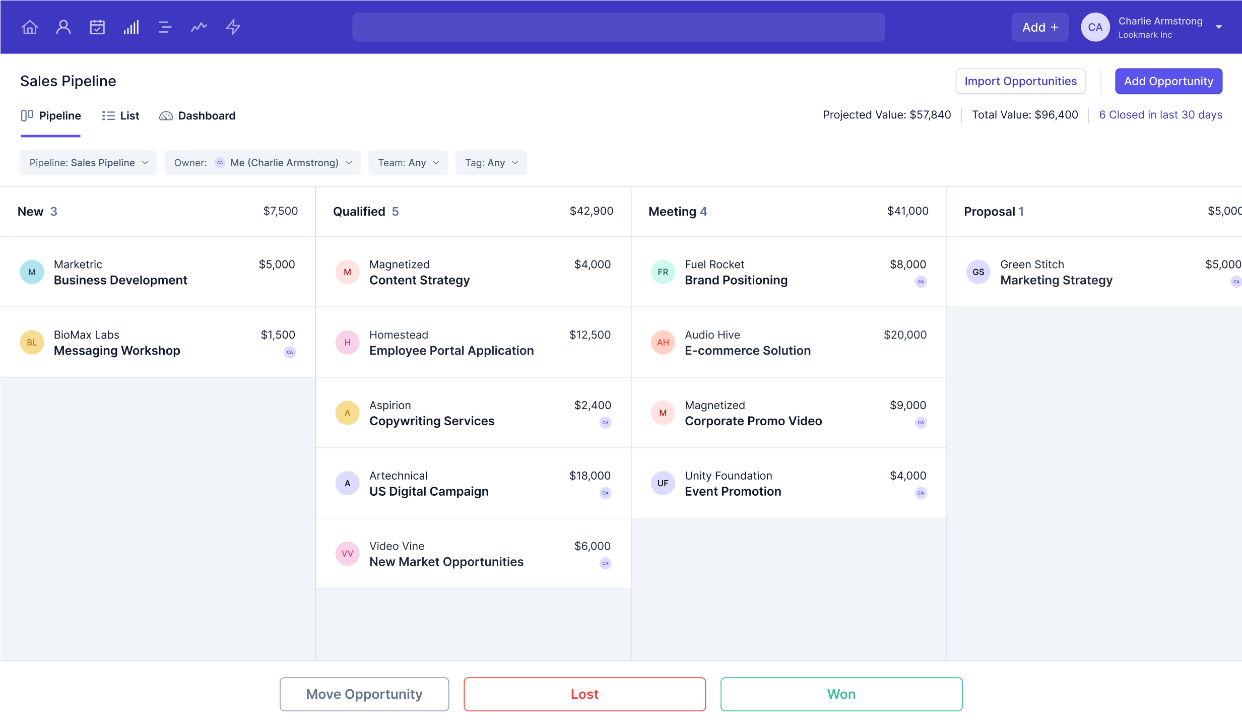 Product screenshot showing current sales opportunities in a pipeline view