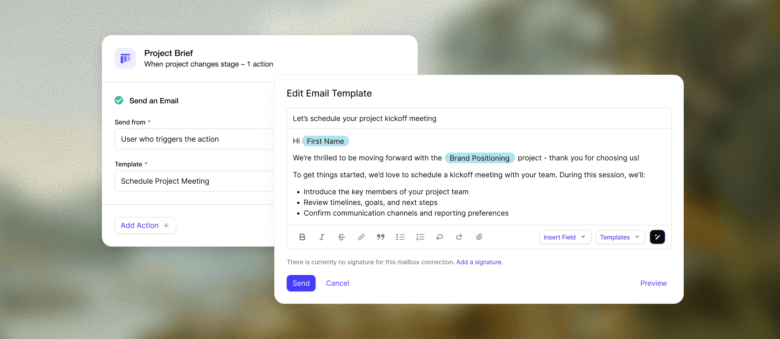 The Capsule CRM automated email workflow shows email templates and automation rules with trigger conditions and scheduled actions for managing freelancer client communications.