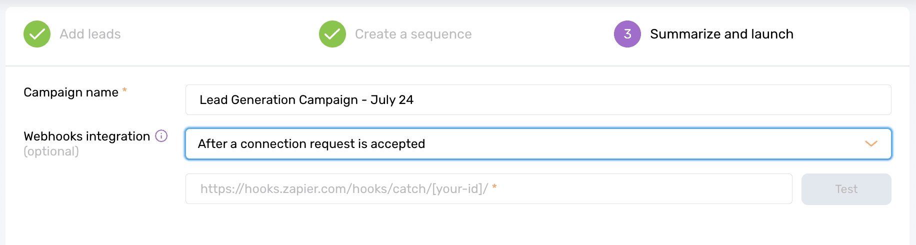 showing the option in dripify to push data to zapier after a connection request is accepted