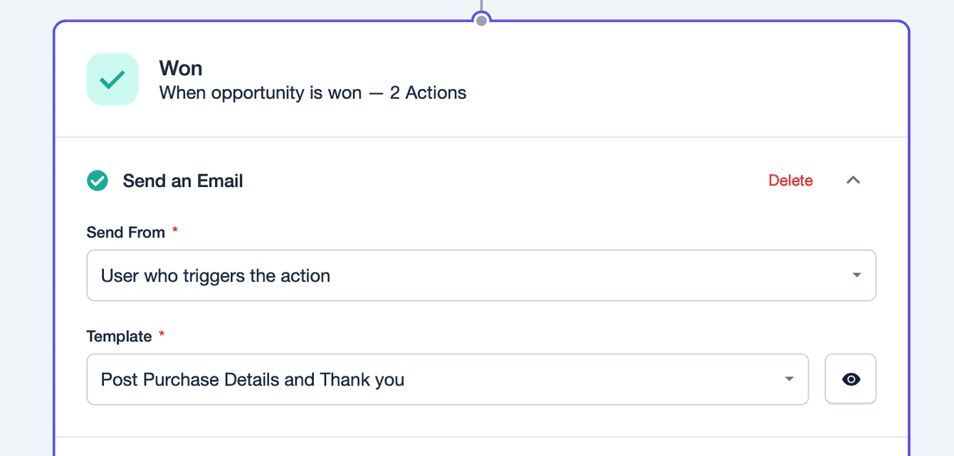 A screenshot of a workflow automation for sending an email using a
template