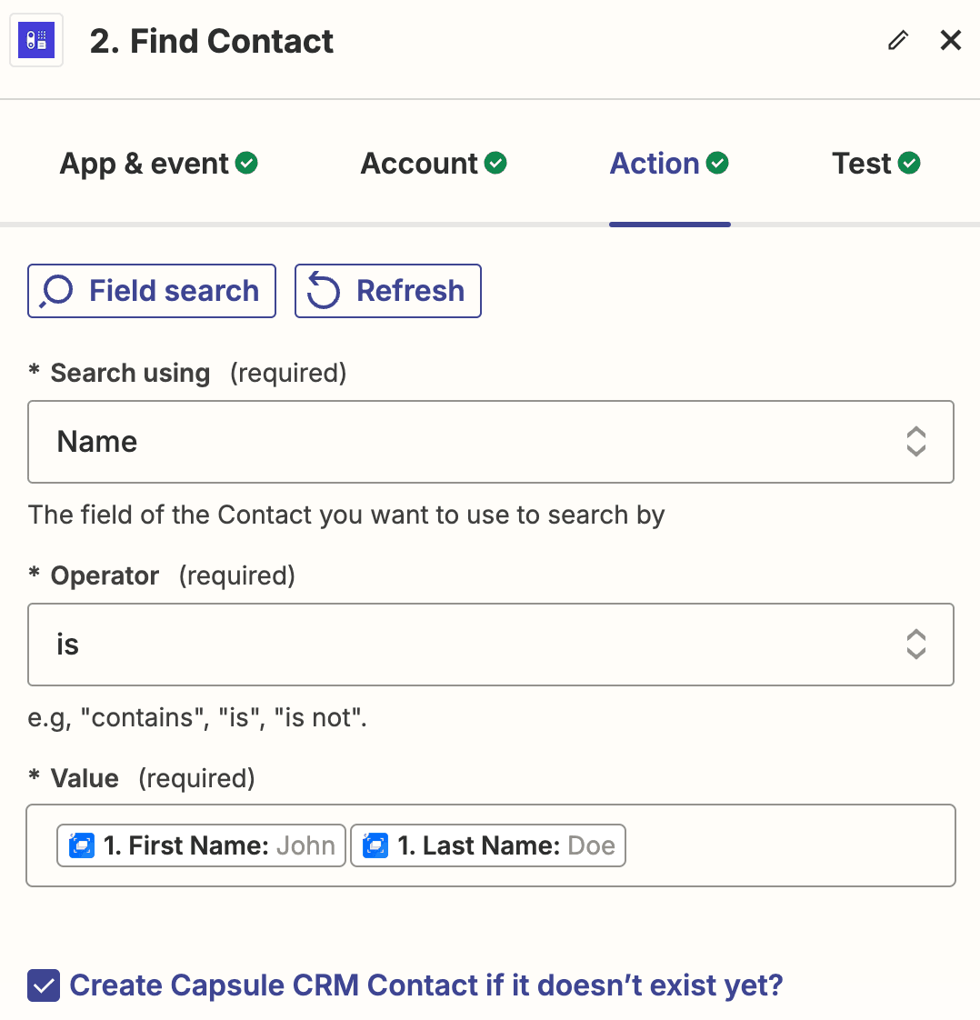 showing first and last name as search options for covve, with option to create a new contacts ticked