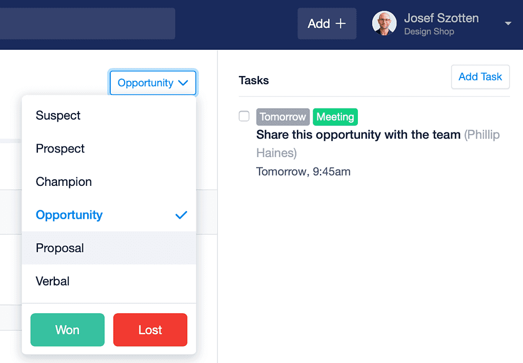 A dropdown with a list of milestones - moving from the milestone 'opportunity' to 'proposal'