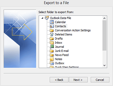 Liste des options d'exportation avec l'option « contacts » sélectionnée