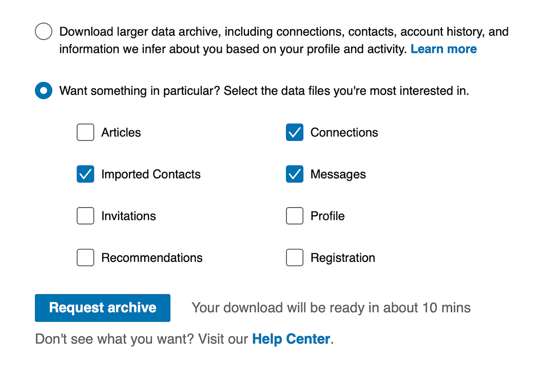 Menu de configurações com opções para o download