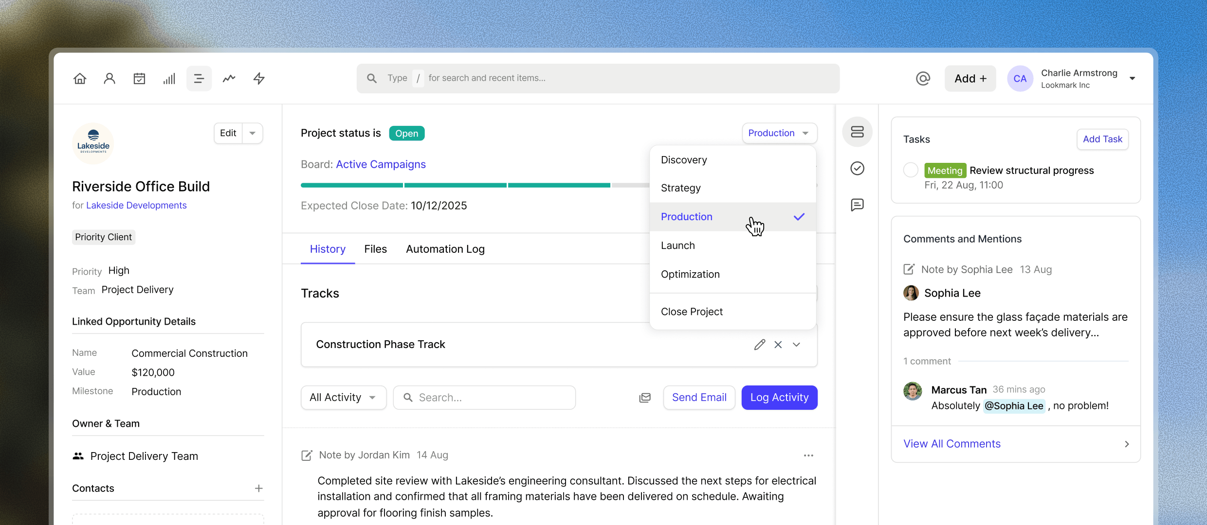 View of a construction project within Capsule CRM, showing key information such as value, owner, clear project status indicator, tasks and comments.