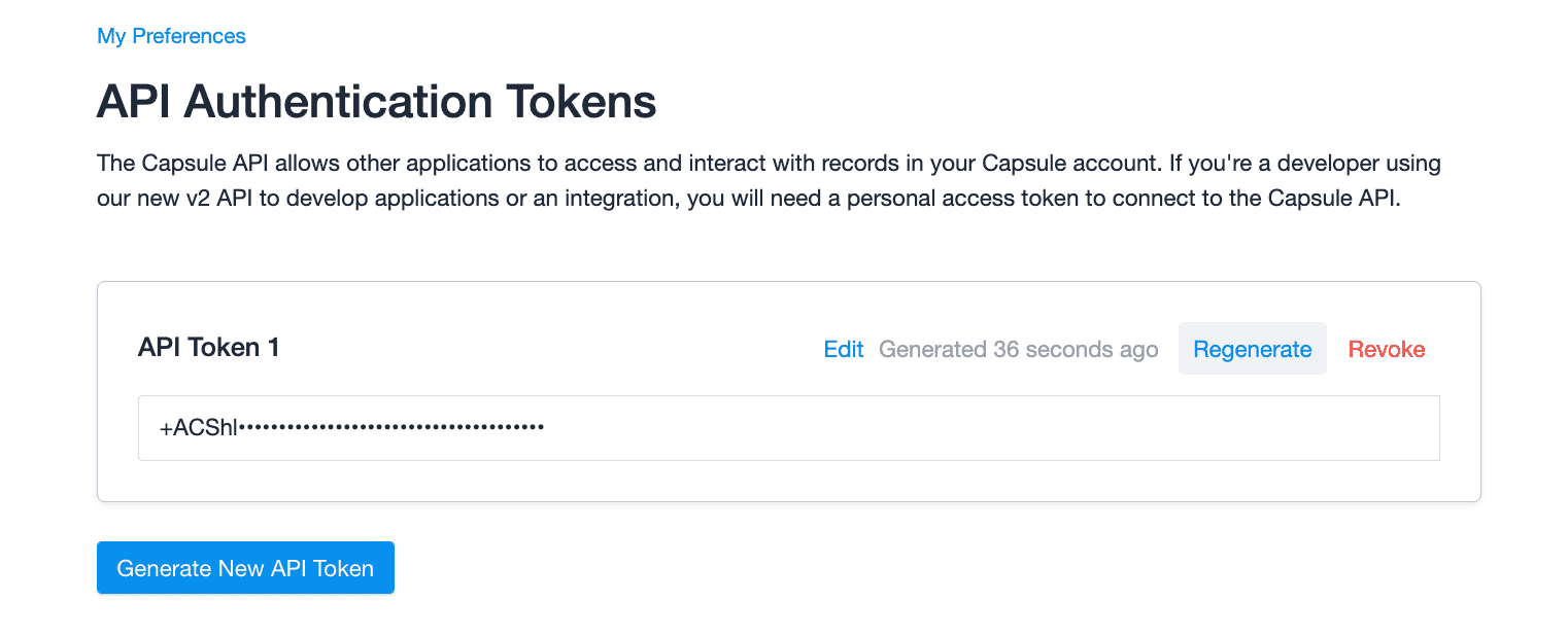 Section consacrée aux jetons API dans les préférences, avec un jeton tronqué et l’option permettant de régénérer un jeton en surbrillance.