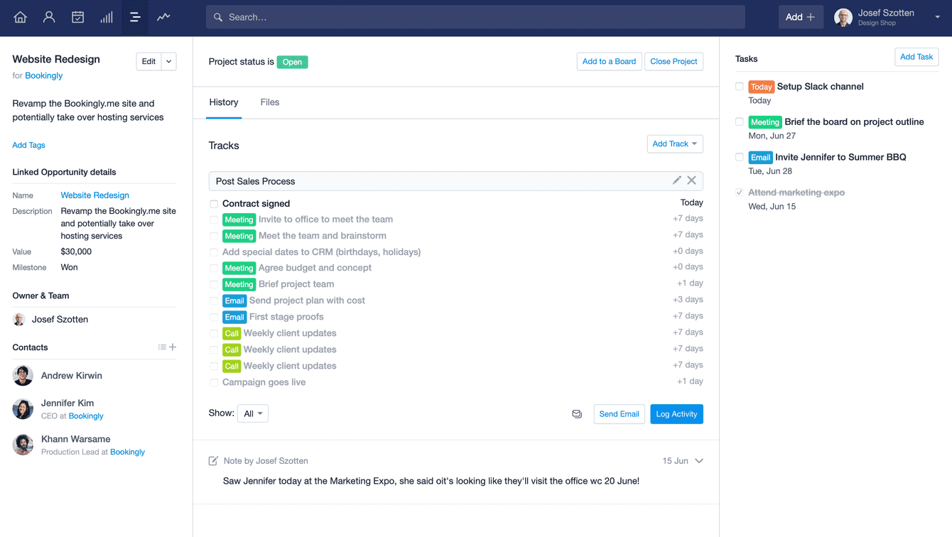 A project in Capsule with a task list for the success / customer-focussed
team