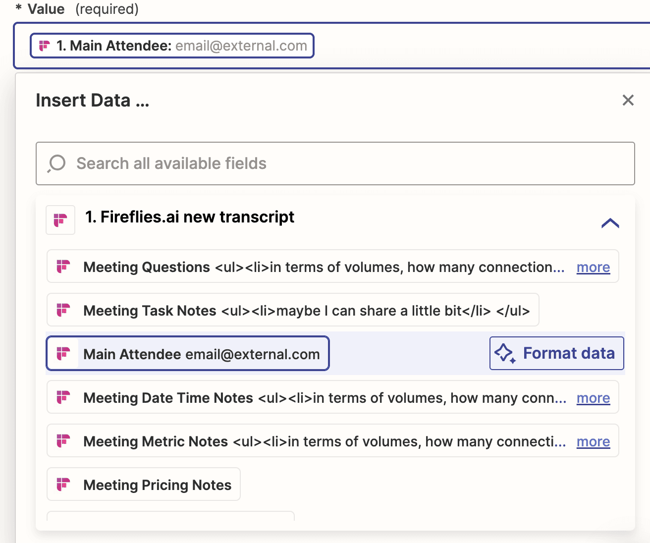 Screenshot showing the options to select fields from the Fireflies trigger, specifically the email address