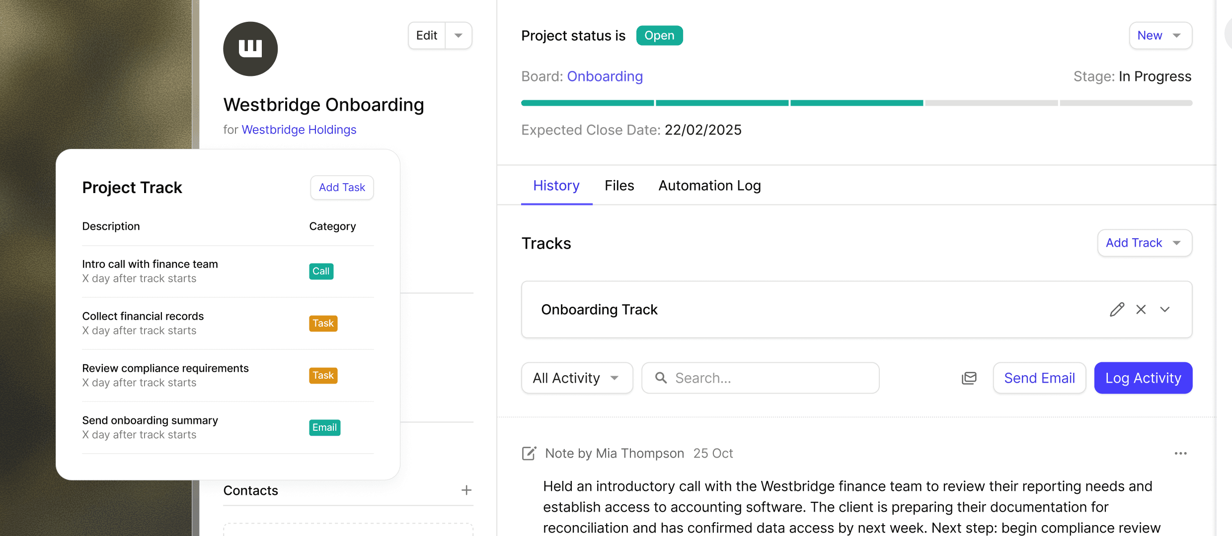 The Capsule CRM project tracking displays a kanban board with project cards organized by status columns, showing project details and progress for managing accounting client work.