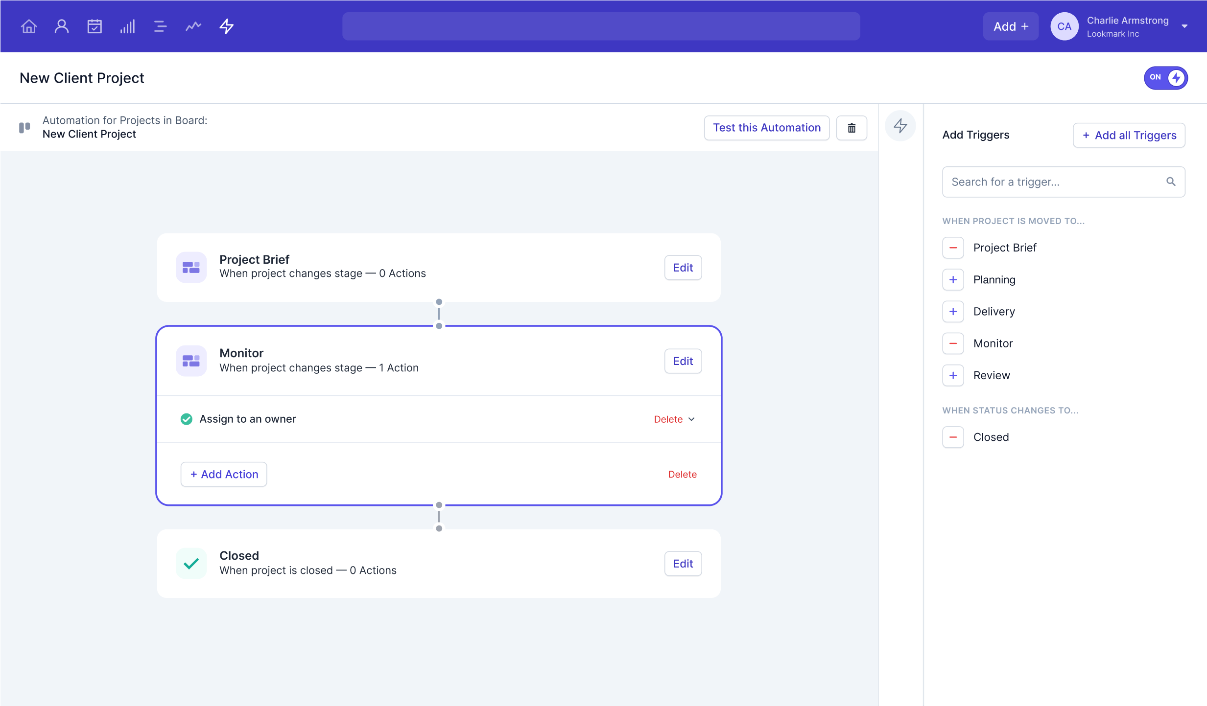 Product screenshot showing how to setup a new project automation as part of Capsule’s workflow automation features