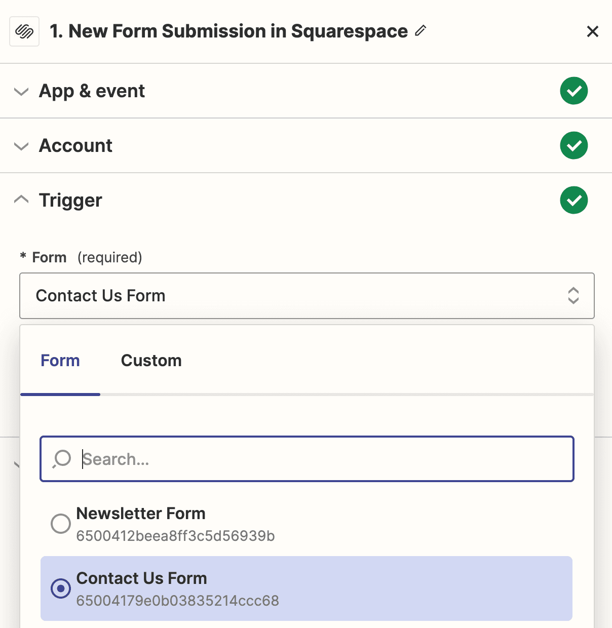 Selecciona el formulario Squarespace correcto en tu Zap trigger.