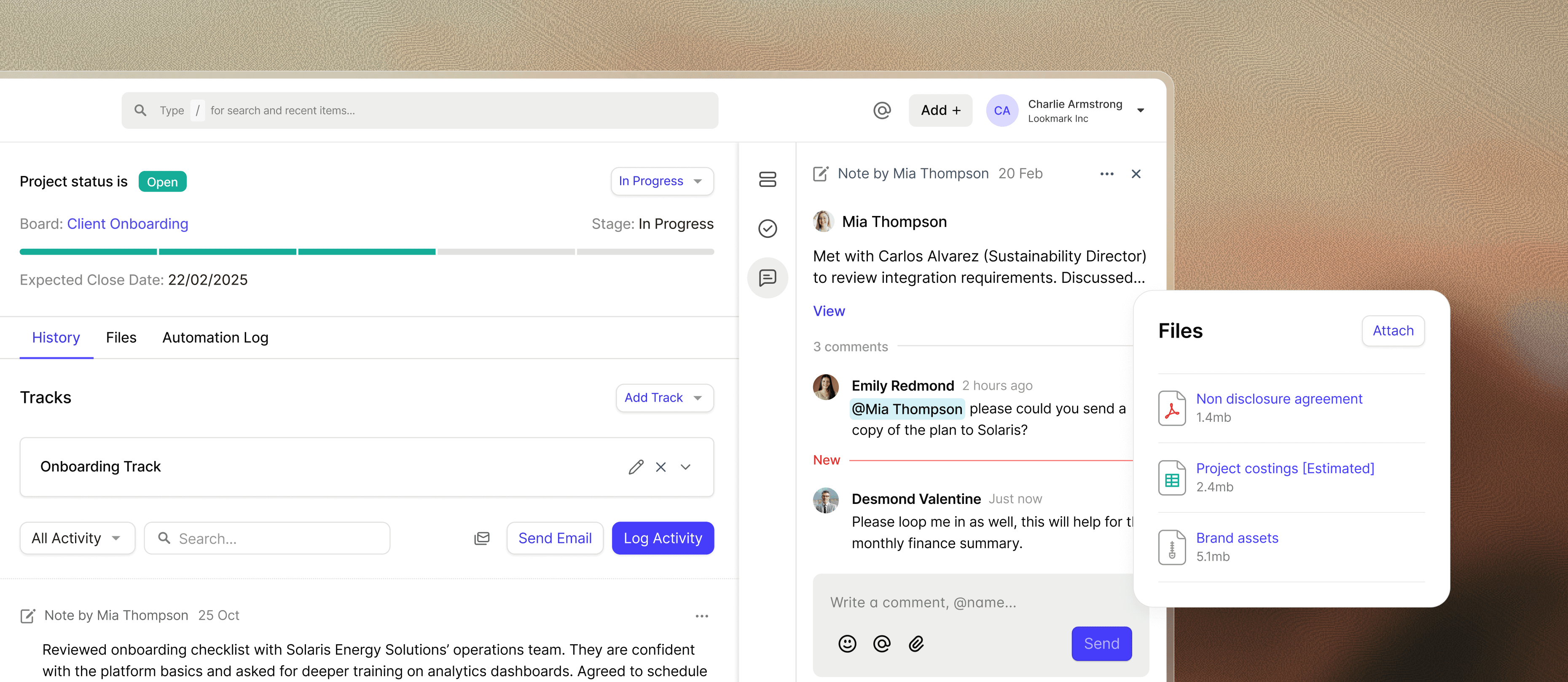 The Capsule CRM project view shows project details, status information, files, notes, and activity history for managing freelancer client work in one organized place.