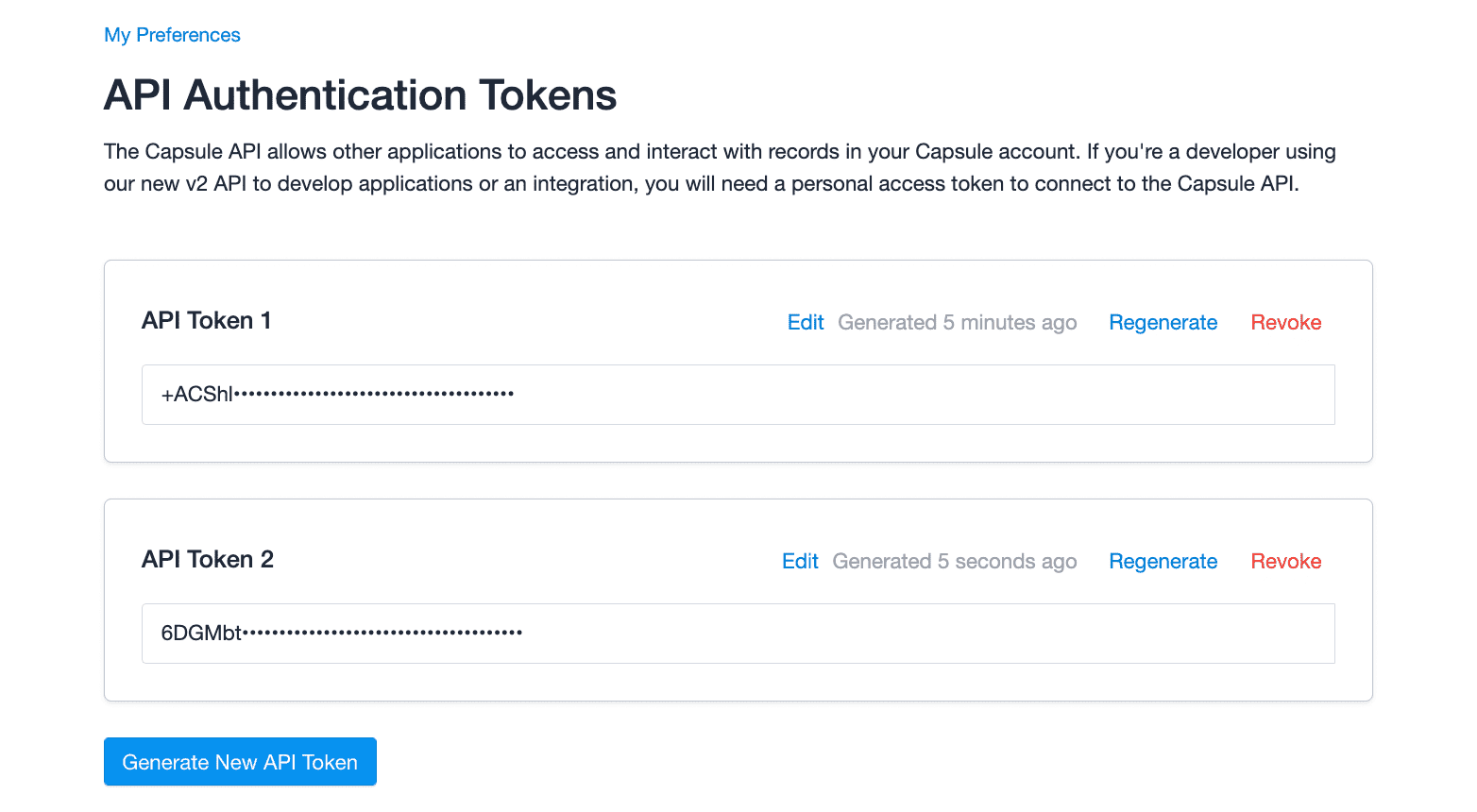 El área de tokens API en Preferencias muestra dos tokens truncados