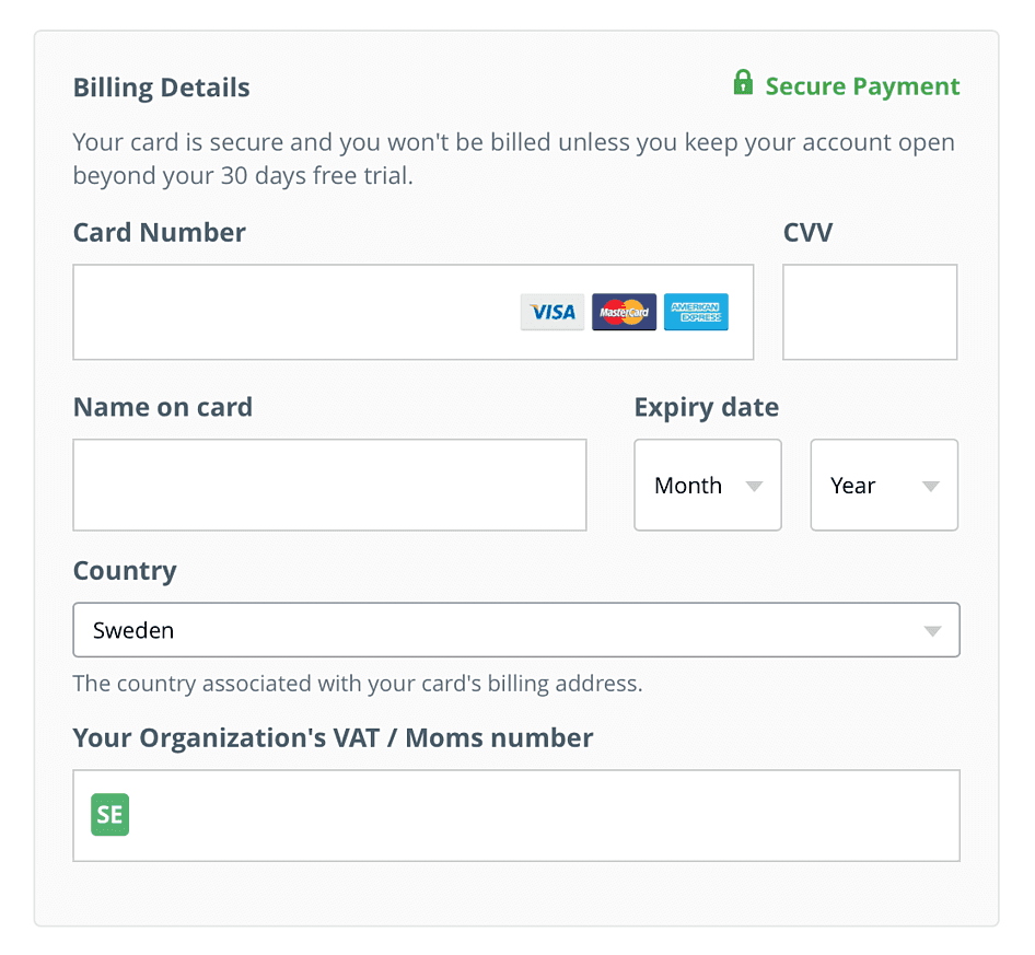 Agrega los datos de la tarjeta y el número de IVA