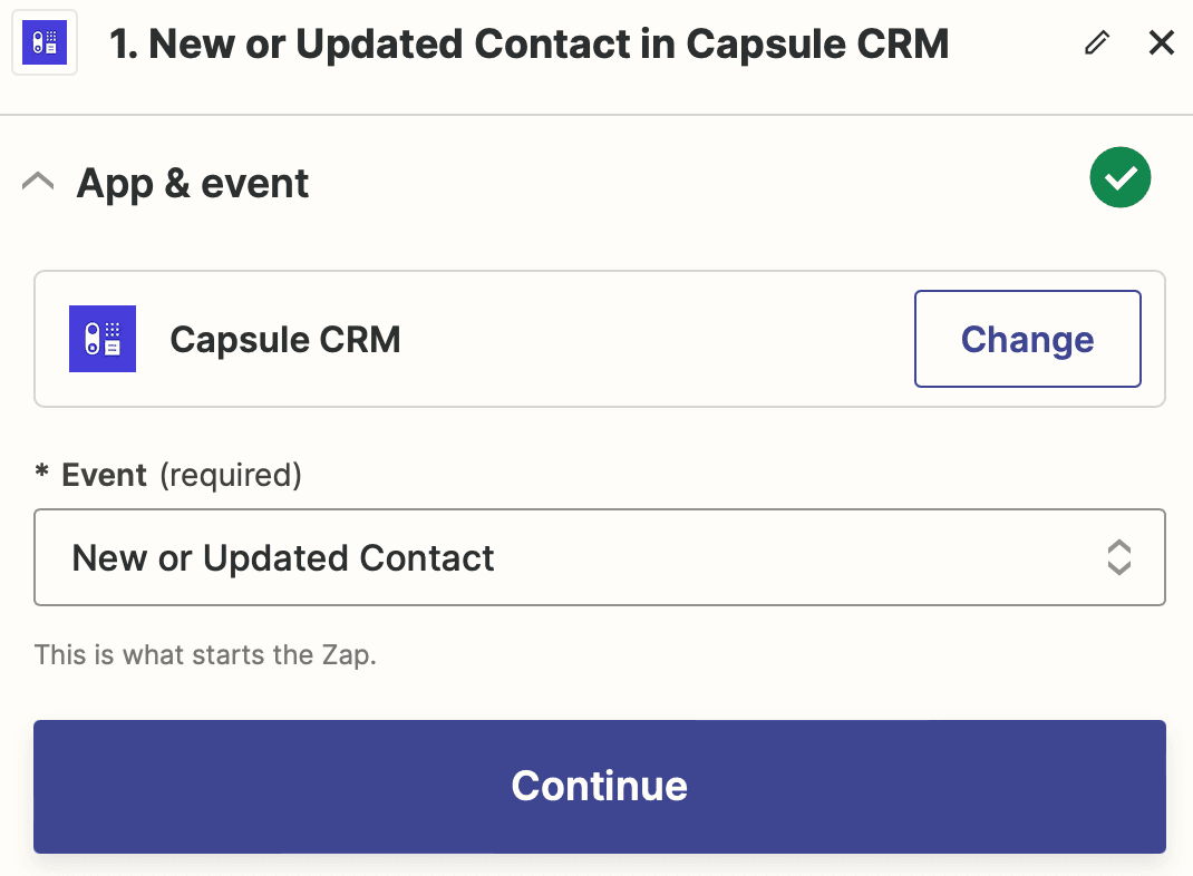 Captura de pantalla que muestra el activador Nuevo contacto de Capsule en Zapier.