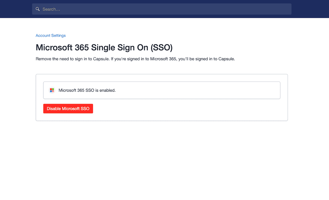 Botão Desativar SSO do Microsoft na página de configurações da conta