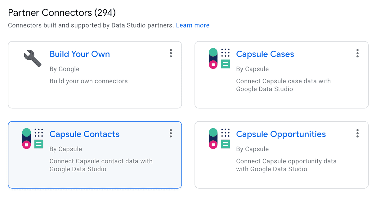 Entre las opciones de conectores tenemos las siguientes: crear el tuyo propio, Proyectos de Capsule, Contactos de Capsule, Oportunidades de Capsule.