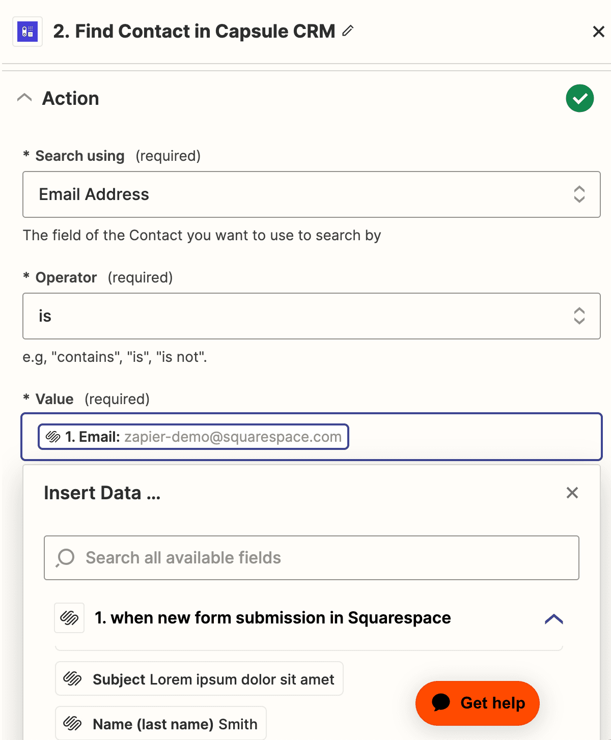 Passo do Zapier para procurar o contacto no Capsule antes de criar um novo contacto