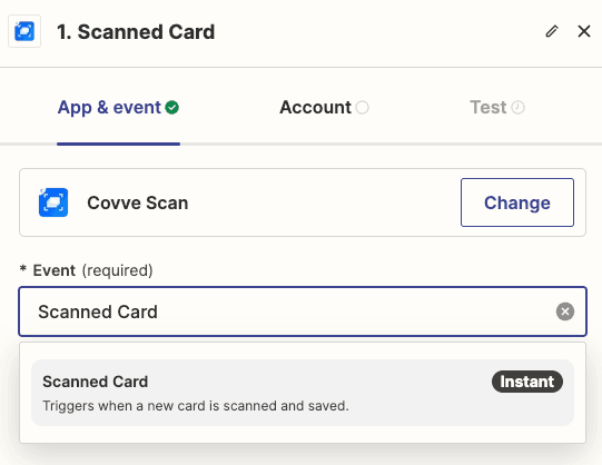 showing scanned card as the selected event in zapier