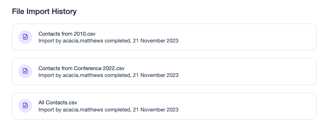 showing the file import history section with 3 example imports listed