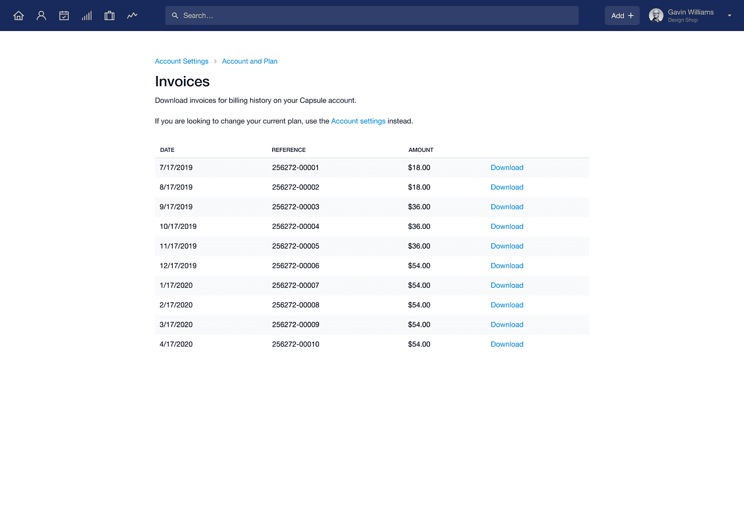 Uma lista de faturas antigas com a opção de baixar uma cópia