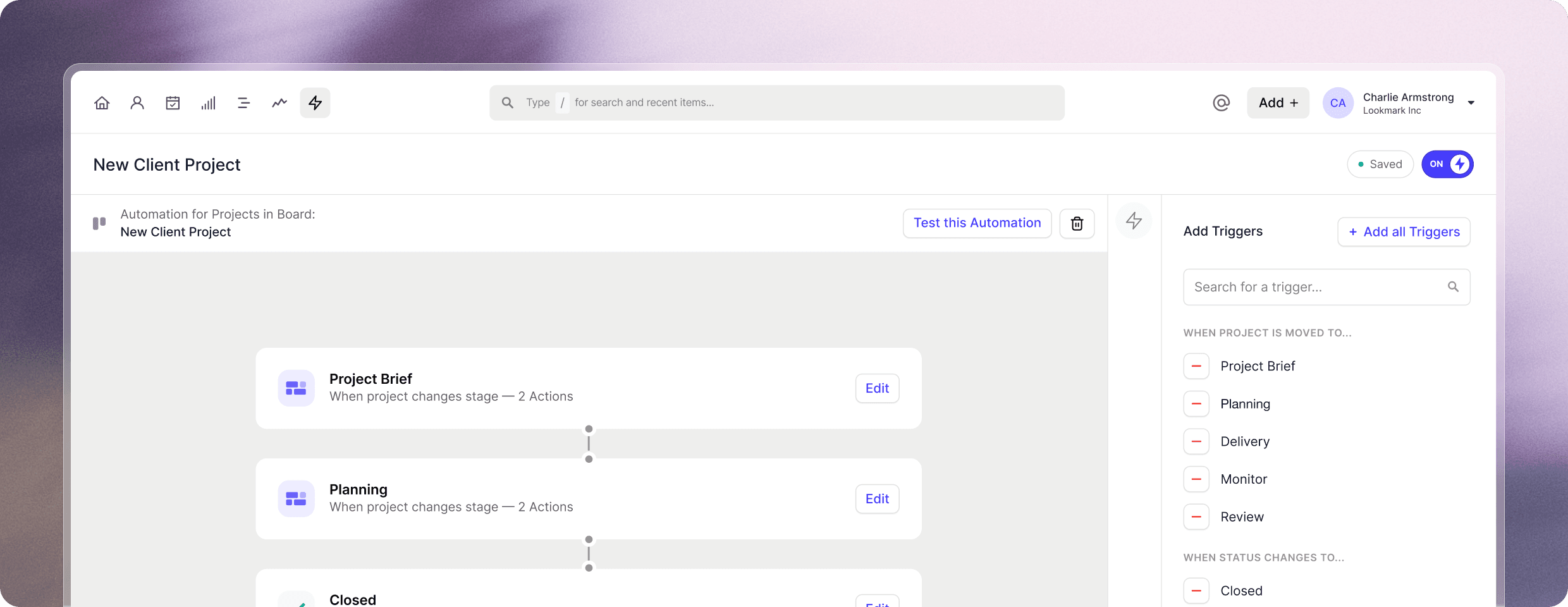 Capsule CRM new client automation workflow showing automated task creation and follow-up setup