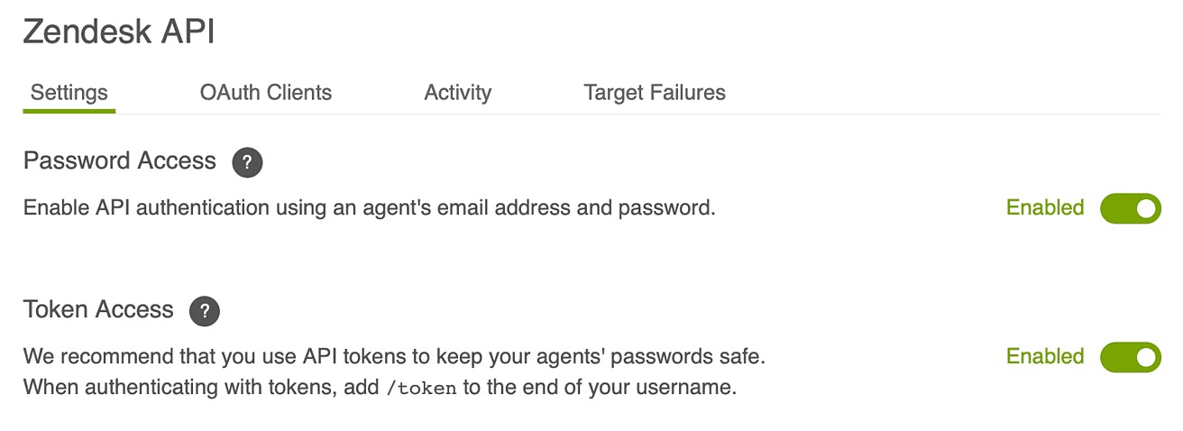 Zendesk API settings tab with password and token access selected