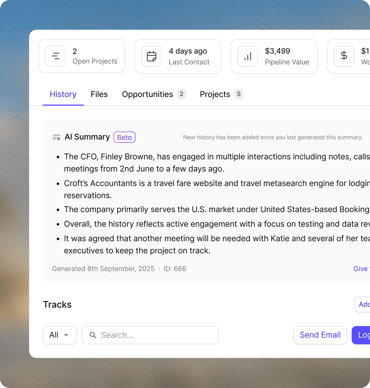 Capsule CRM AI Summary on a contact profile: bulleted summary of recent notes, calls and meetings with quick metrics and History tab, for pre-call prep.