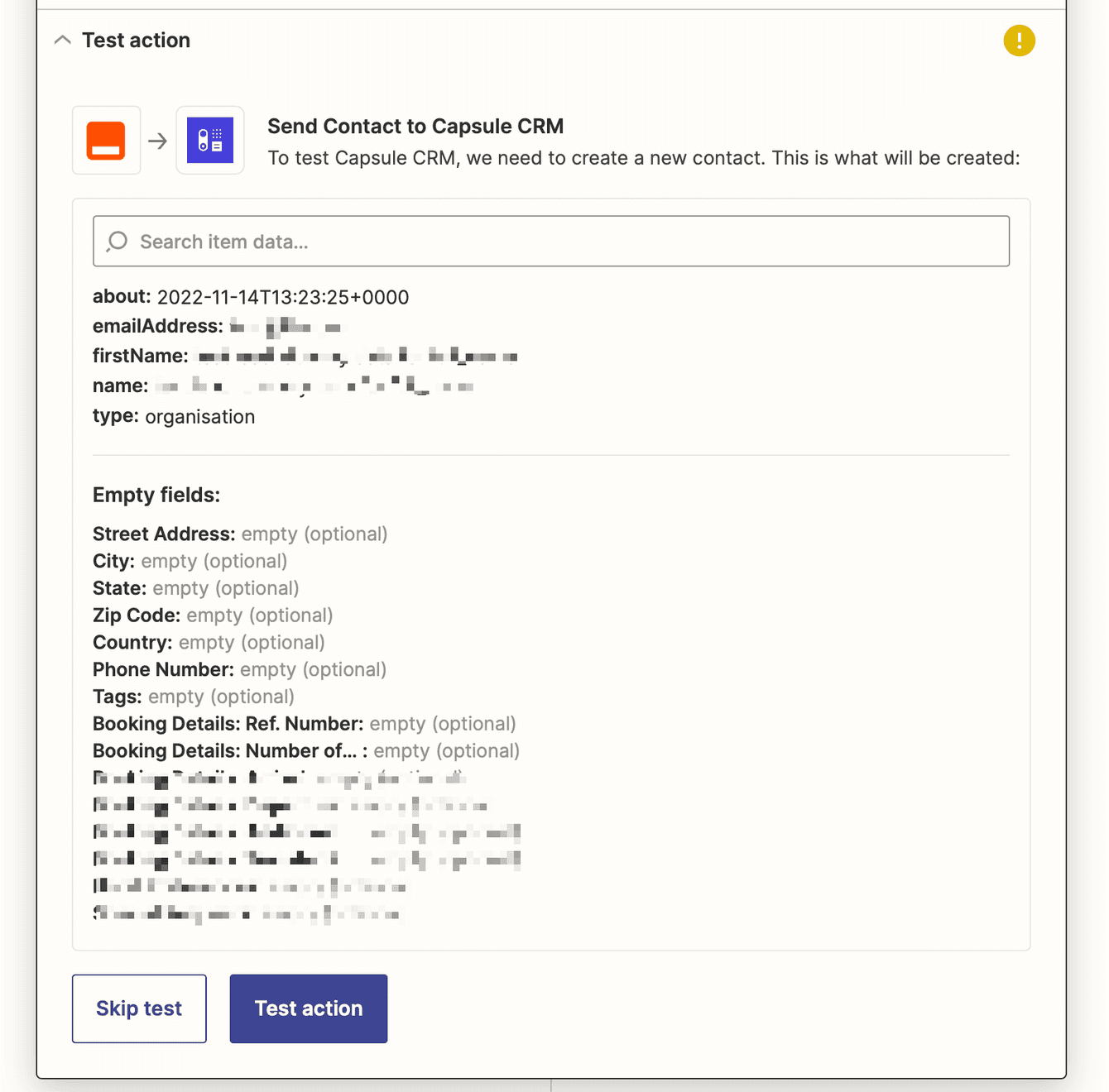 How to test and review your action event when setting up the Facebook to
Capsule Zap