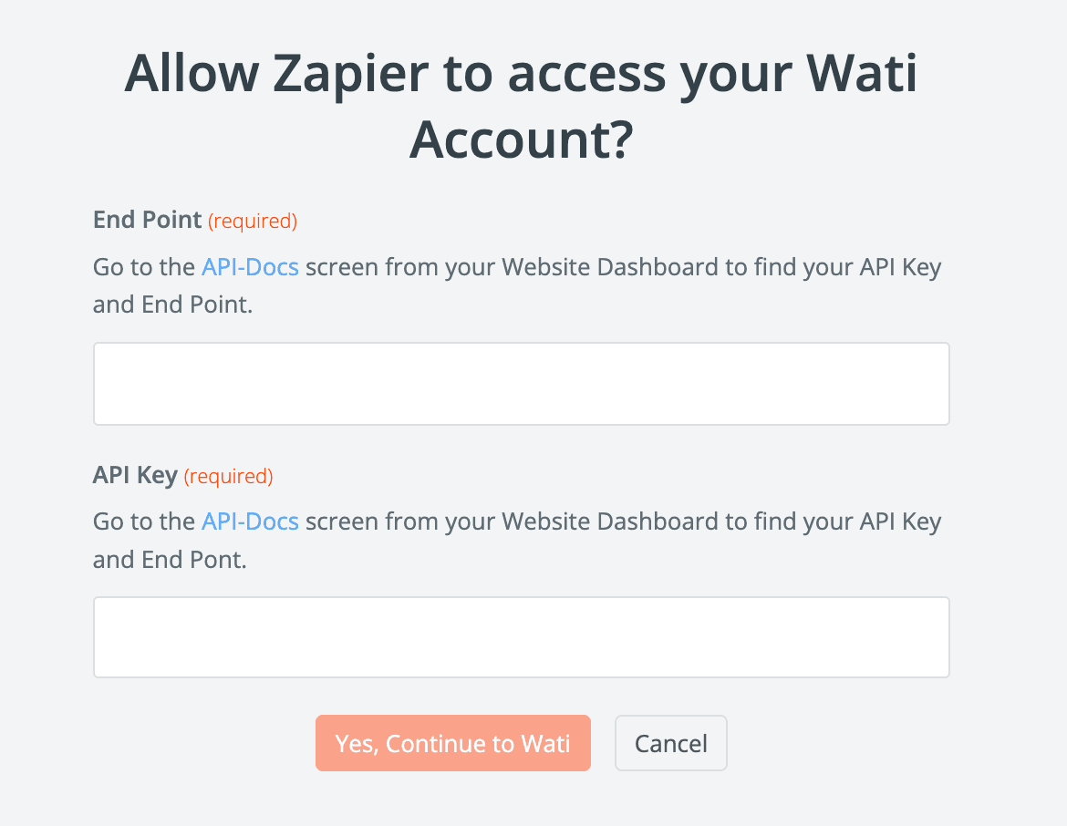 Captura de ecrã que mostra a solicitação do Zapier para introduzir uma chave de API para o Wati, para que possa autenticar a integração