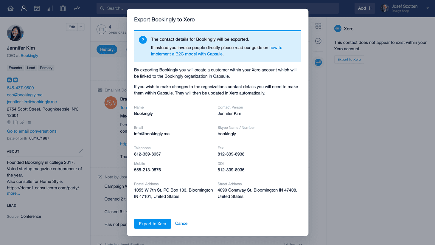 Modal de exportação para adicionar um contato ao Xero