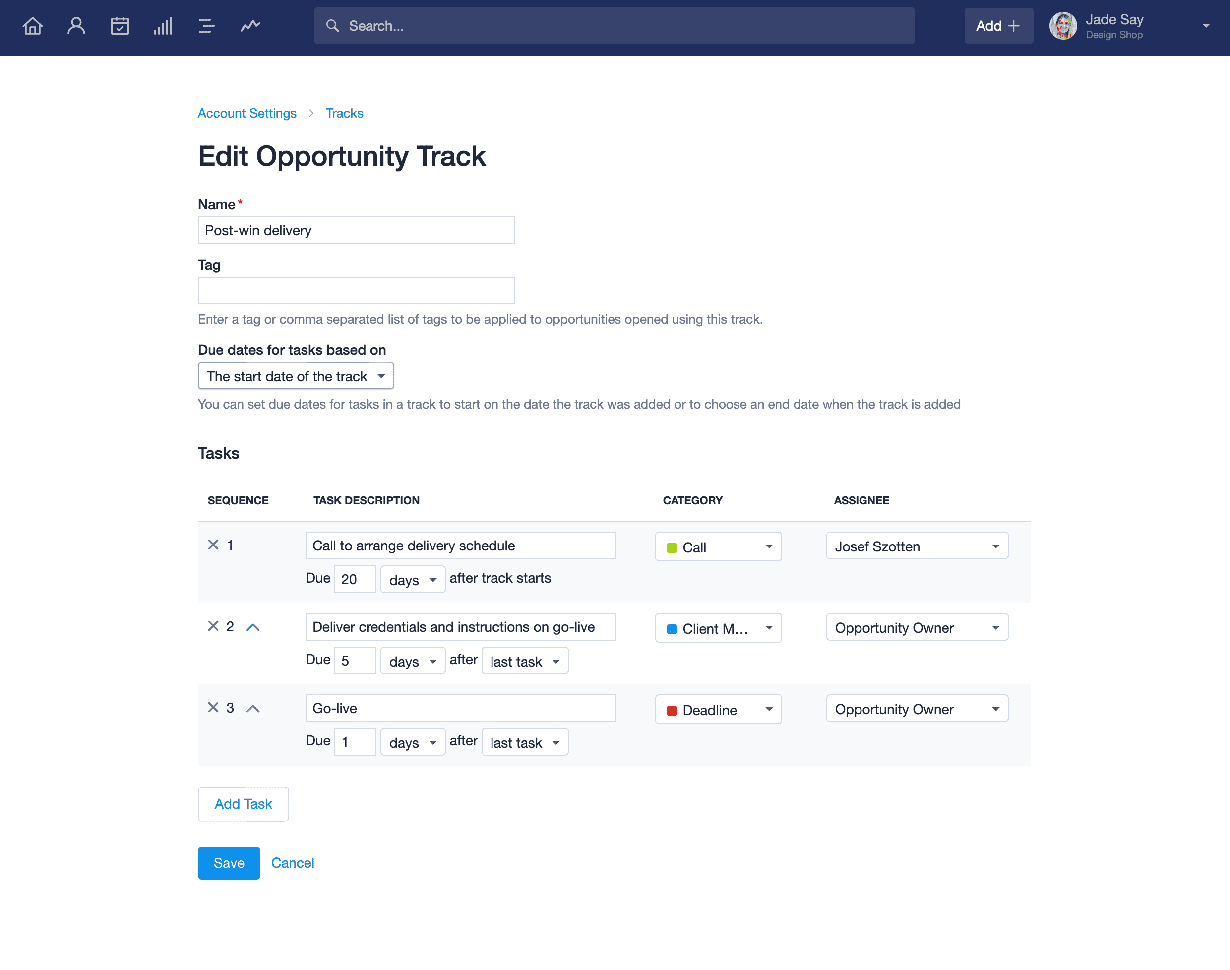 Opções para editar a trilha de oportunidades