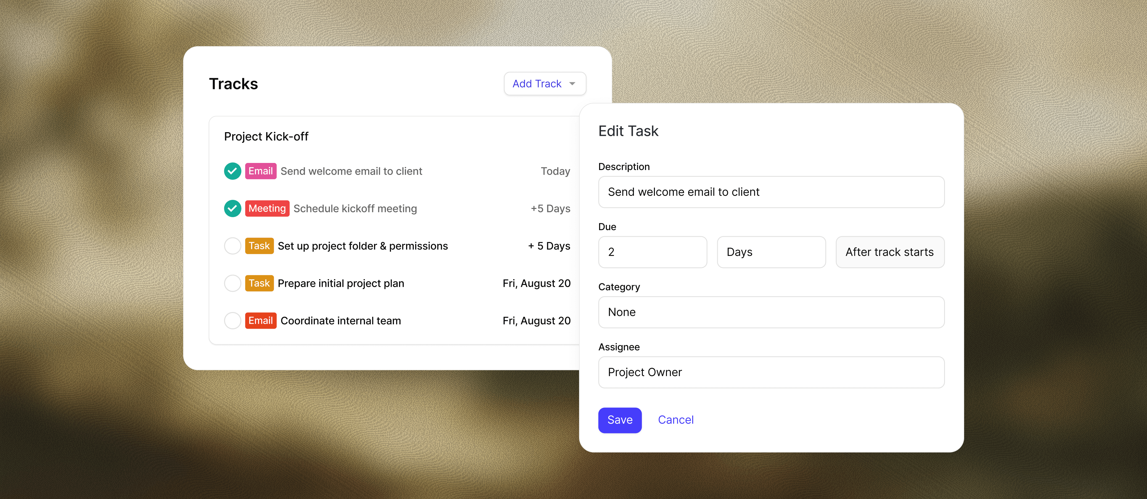 Create Tasks and build Tracks for repeating admin. We’ll remind you what needs doing and when, so your marketing, sales, and customer service are never left behind