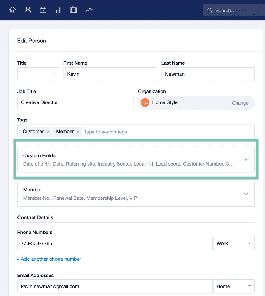 Edit a person form with custom fields dropdown highlighted