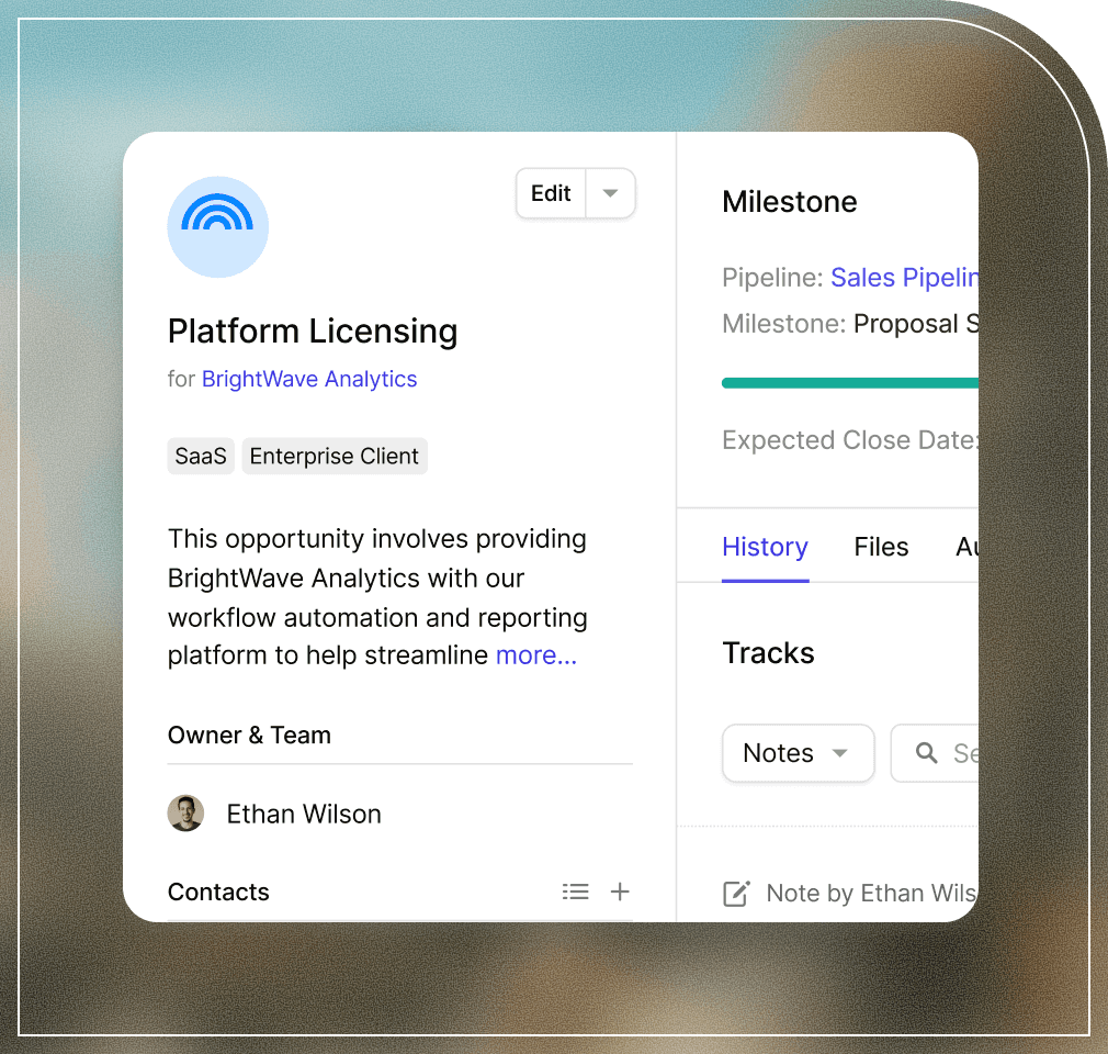 The Capsule CRM sales pipeline has a kanban layout showing the progress of each startup opportunity. The image also shows a summary view of one opportunity for visibility of key information.