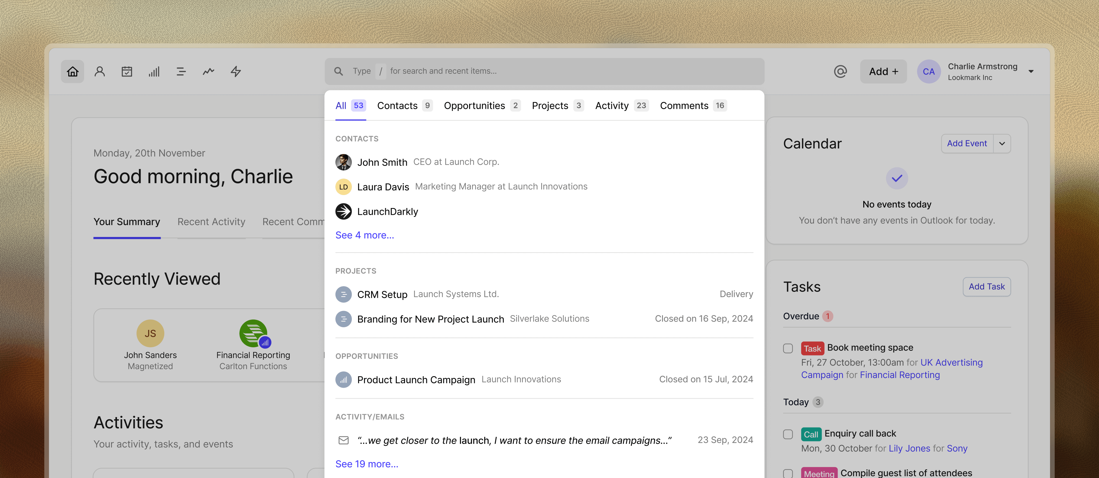 Screenshot of Capsule CRM contact management interface showing a contact detail page with activity timeline, custom fields, tags, notes, and collaboration features including comments and activity logging