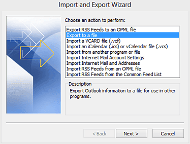 L'assistant d'importation et d'exportation dans Outlook avec l'option « exporter vers un fichier » sélectionnée