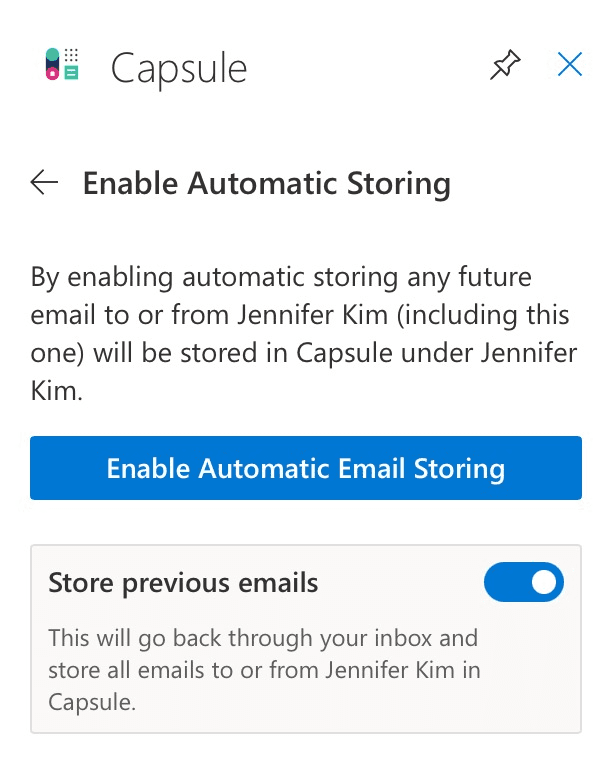 Option dédiée dans l’extension Capsule pour Outlook pour enregistrer les conversations précédentes afin d’activer la fonction d’enregistrement automatique.