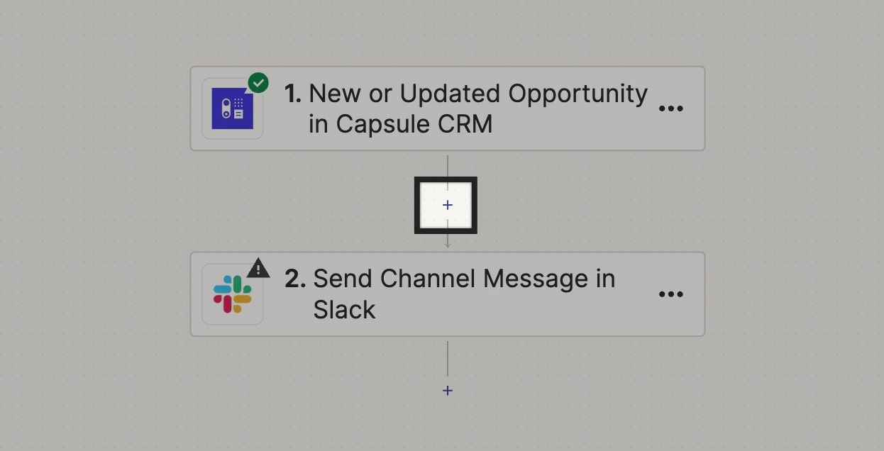 Screenshot highlighting the plus icon to add a step to the zap