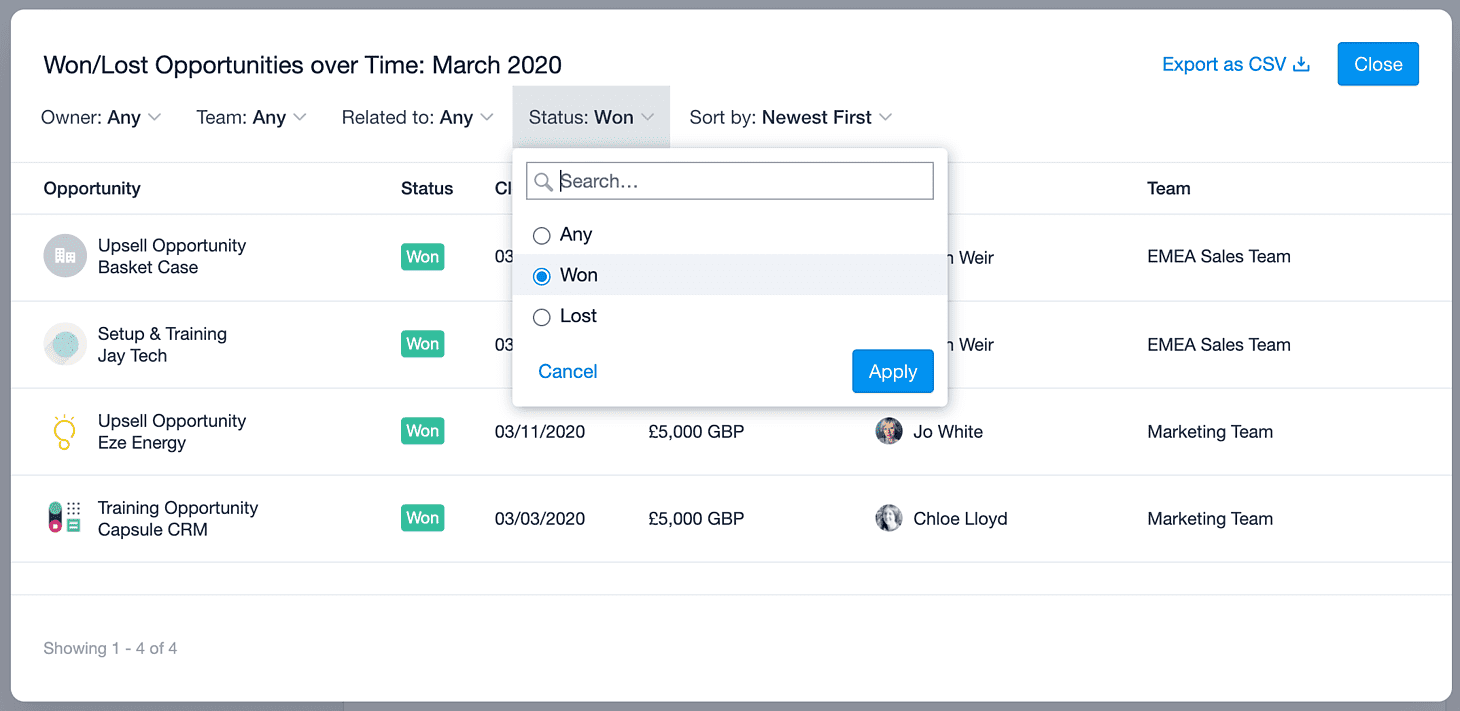 filter by lost/won