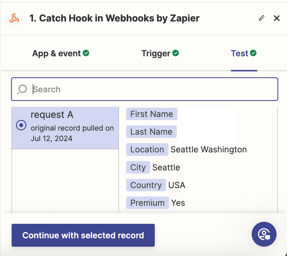 showing a succesful zapier test with example data