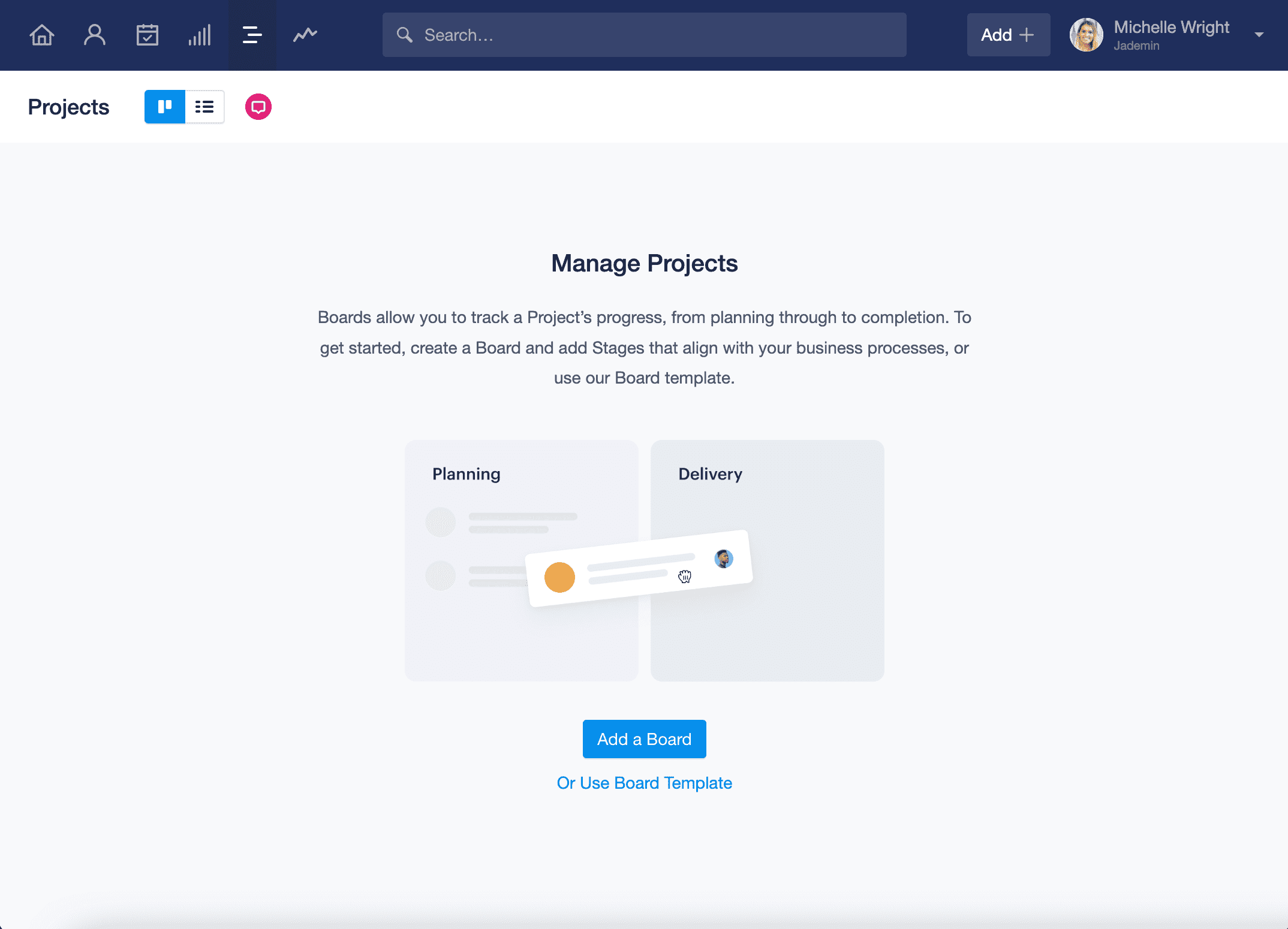 Project board in a blank state showing the user the option to either create a custom board or use the board template