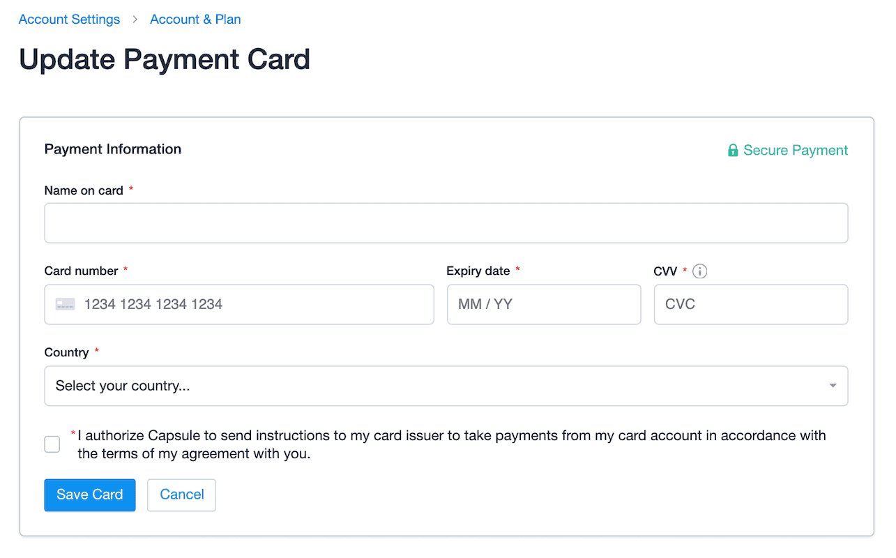 Fenêtre pour saisir les détails de la nouvelle carte, y compris le numéro de la carte et le pays d'origine. Case à cocher pour confirmer l'autorisation de paiement.